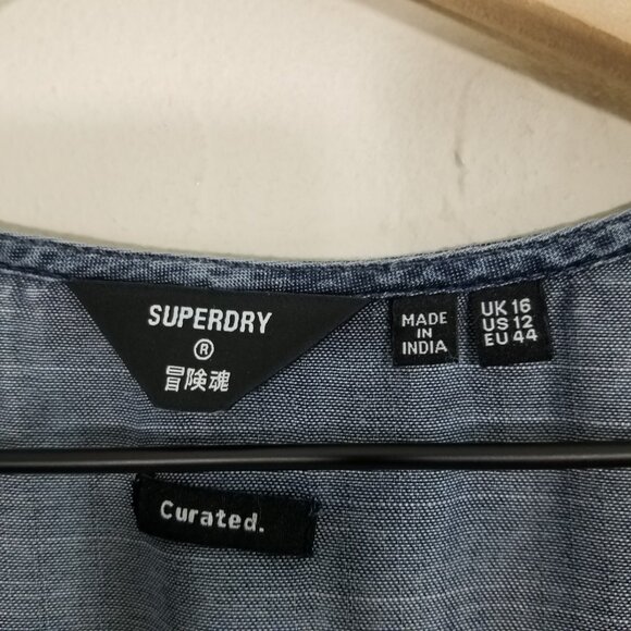Superdry Curated Chambray V-Neck Dress with Pockets Button Front Blue Size 12 - Picture 6 of 6